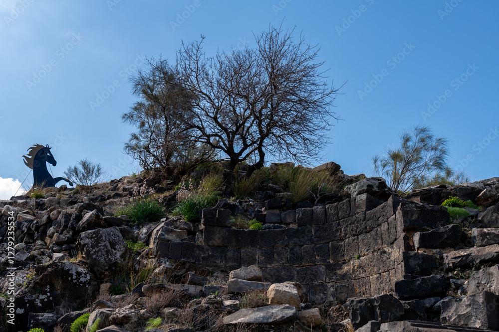 Fototapeta premium Ancient ruins of Susita (Hippos) National Park on the top of a mountain in the Golan Heights in Israel. 