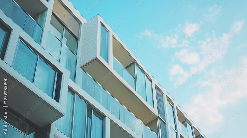 Modern residential building exterior, simple scene with natural ambient light