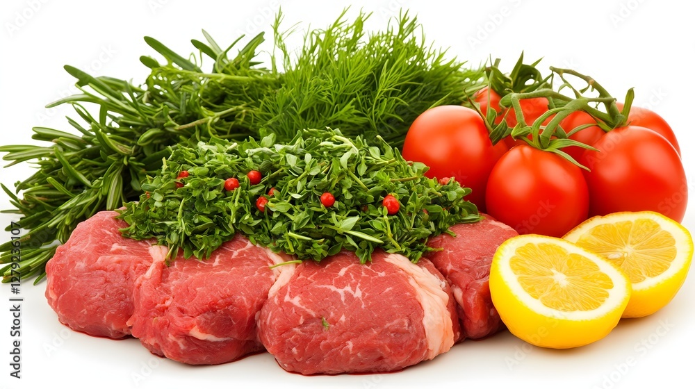 Raw Beef Steaks with Fresh Tomatoes Lemon and Herbs on White Background Raw Beef Steaks with Fresh Tomatoes Lemon and Herbs on White Background