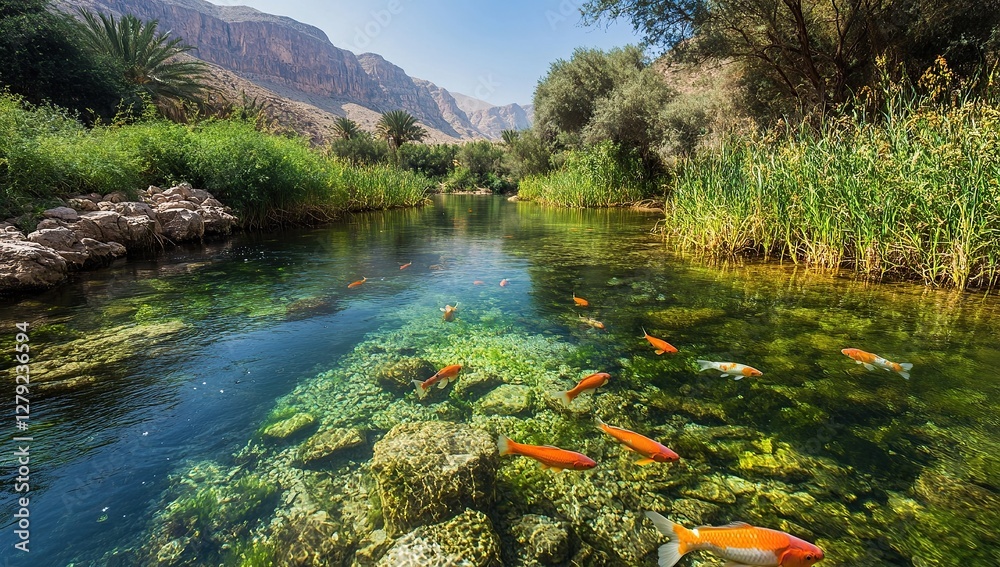 A serene river in the desert, with clear water and colorful fish swimming around A serene river in the desert, with clear water and colorful fish swimming around
