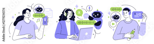 Ai audio set. Characters and artificial intelligence robot generate music from text, convert speech to transcription, translate foreign language words. Vector illustration.