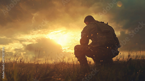 A Solitary Soldier Kneels Gazing At The Setting Sun