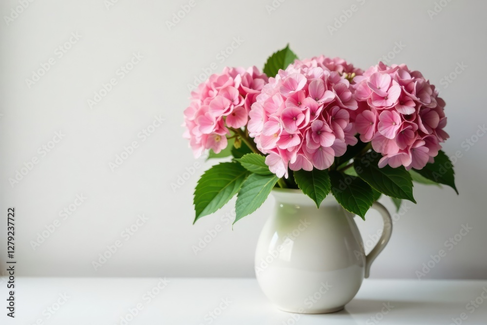 Pink hydrangeas in a vase with branches and leaves, vase, botanical, floral Pink hydrangeas in a vase with branches and leaves, vase, botanical, floral