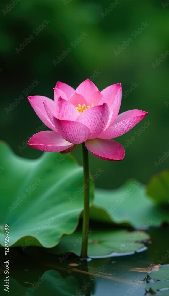 Obraz premium Pink Lotus Flower in Full Bloom on Water's Surface, greenery, flower blooming
