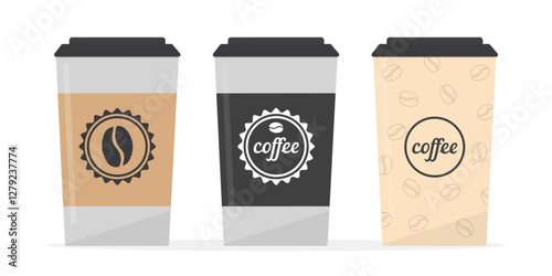 Good morning! Coffee break, timeout. Set of various coffee cups. Colored collection. Coffee to go, three cups isolated on white background.