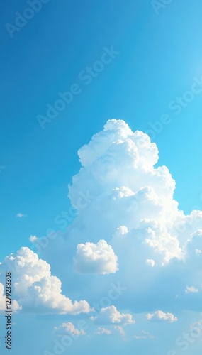 Puffy white cumulus clouds fill the vast blue summer sky with warm sunshine, sky, sunny, bright photo