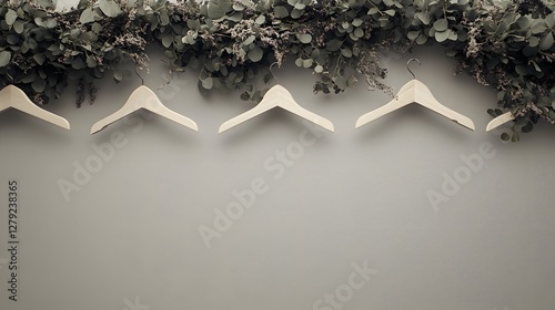 Wooden Hangers on a Grey Wall with Green Garland Decoration and Flat Lighting
