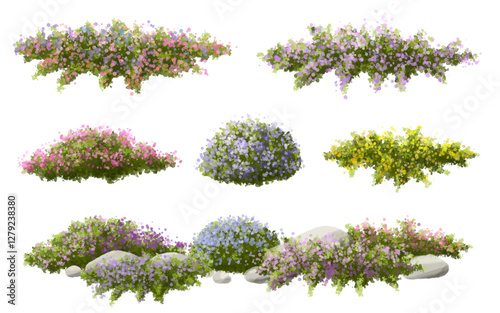 Vertor set of spring blossom tree,blooming plants side view for landscape elevation and section,eco environment concept design,watercolor shrub illustration,colorful season