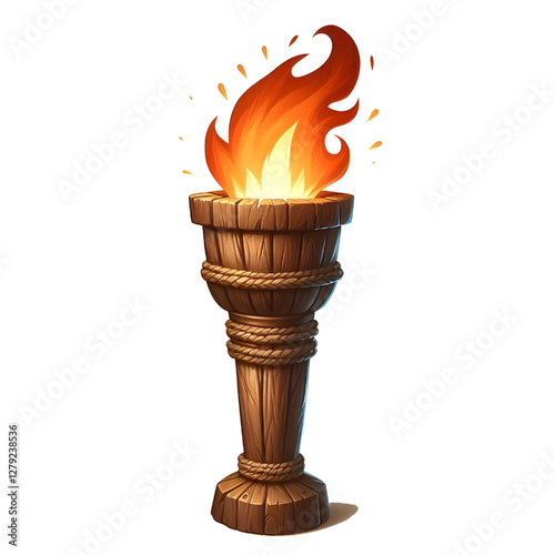 Illustration of a wooden torch fire medieval isolated on white background