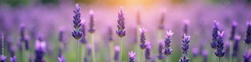 Obraz premium Purple lavender flowers in a field with soft focus, soft focus, garden blooms