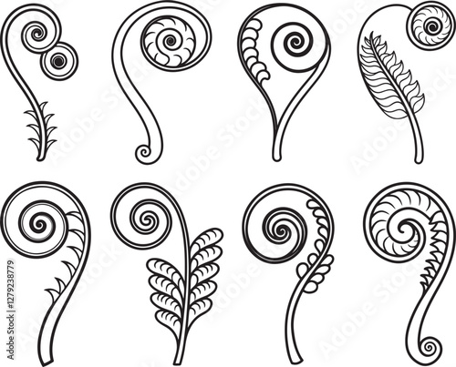 set of fiddlehead fern line art, black outline, vector and illustration, line art and outline