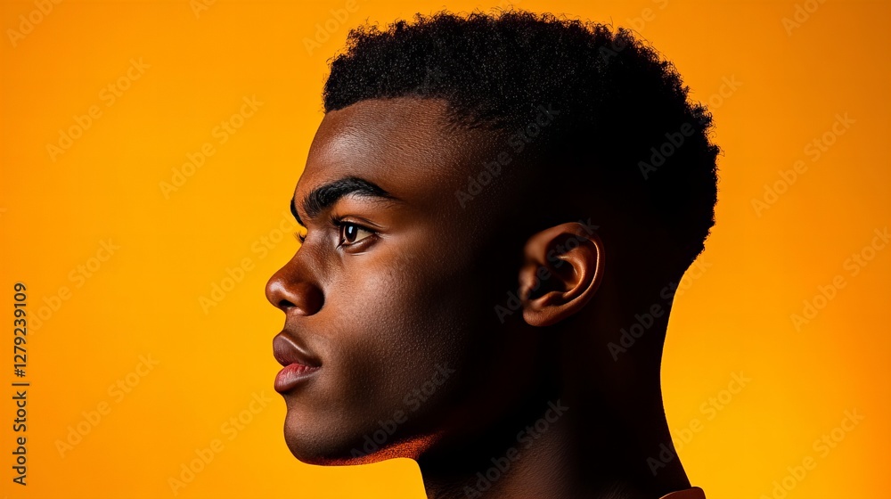 Profile of a young Black man against a vibrant orange background. Strong, dramatic lighting. Profile of a young Black man against a vibrant orange background. Strong, dramatic lighting.