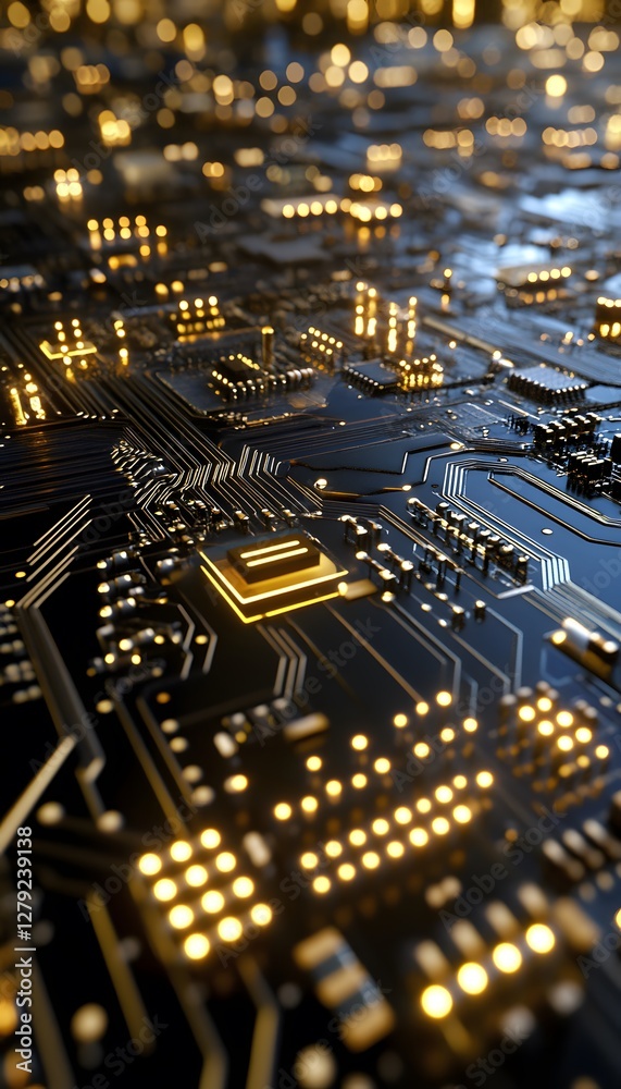 Electronic circuit board shines with golden hues in macro view Electronic circuit board shines with golden hues in macro view