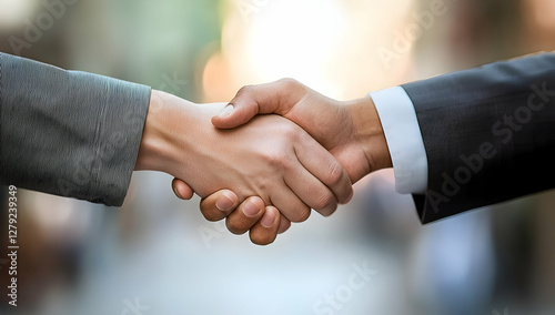 Business handshake outdoors, city background, deal closing, partnership concept