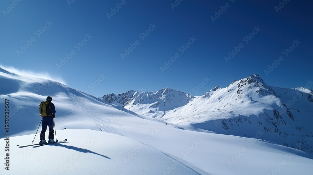Skier standing on snowy mountain slope, clear blue sky, prepared piste Skier standing on snowy mountain slope, clear blue sky, prepared piste