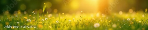 Shimmering golden overlay floats above peaceful meadow, serene environment, ambient colors, wispy texture