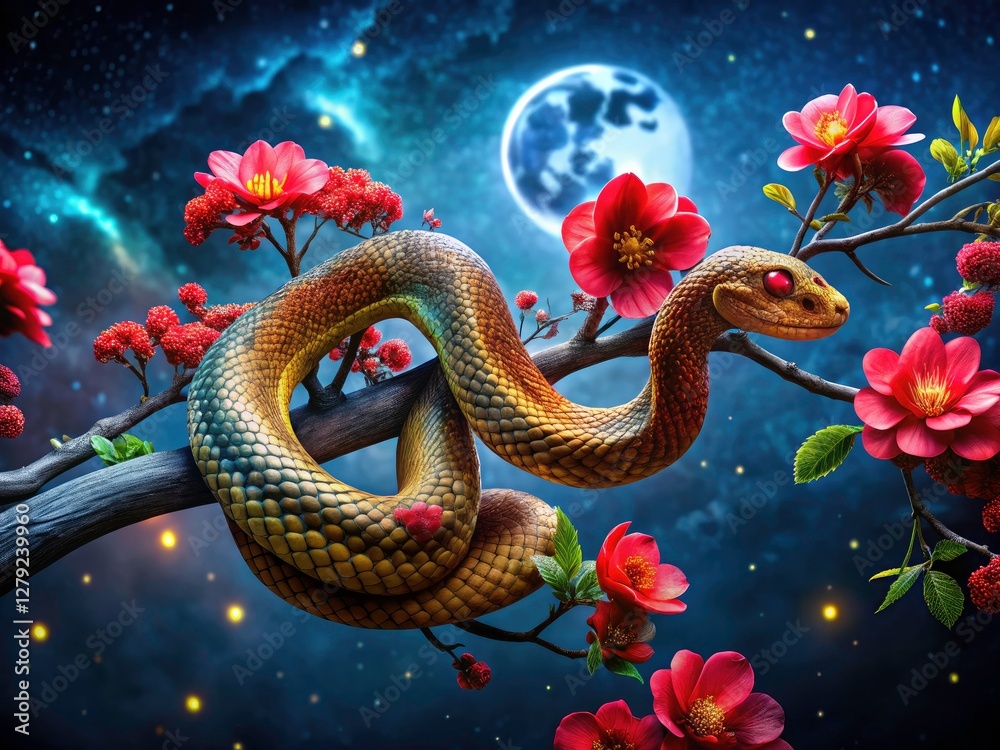 Fototapeta premium Night Serpent Bloom: Snake on Branch with Red Flowers - Dark Nature Photography