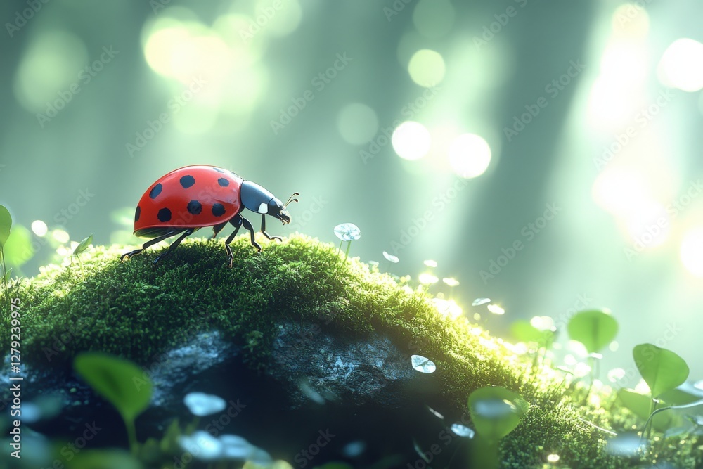 Obraz premium A ladybug delicately traverses a mossy rock, bathed in the soft sunlight of a tranquil forest. The scene evokes serenity and the beauty of nature.