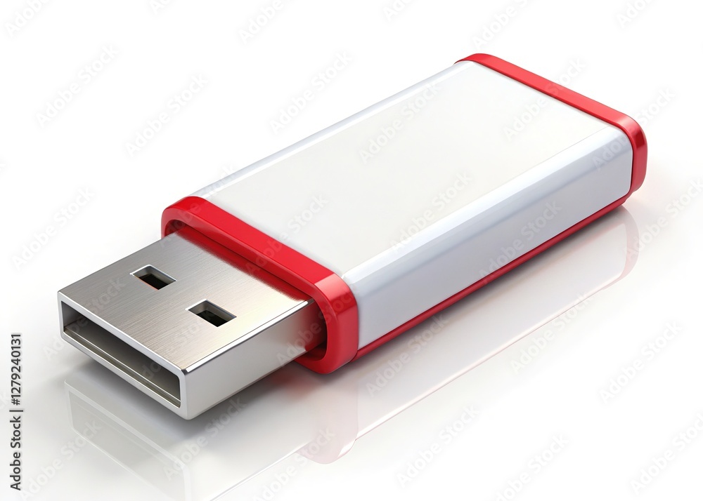 High-resolution 3D rendering: white USB drive, red trim, sharp focus. High-resolution 3D rendering: white USB drive, red trim, sharp focus.