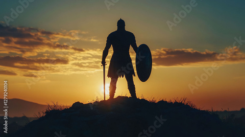 A Silhouette Of An Armed Knight Posing At Sunset