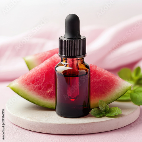Watermelon seed oil in glass dropper bottle with fresh watermelon slices