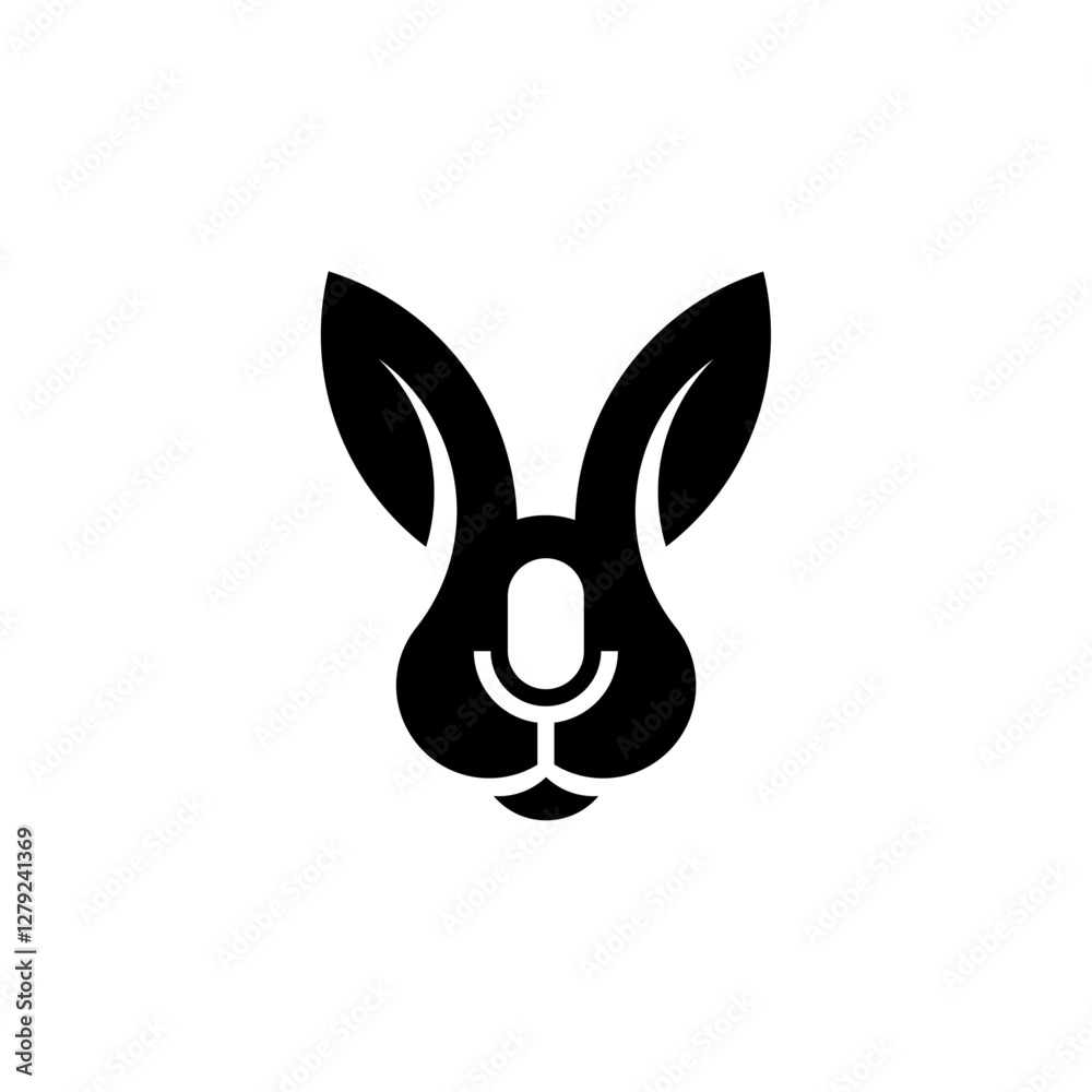 Artistic black silhouette of a rabbit head with microphone integrated, symbolizing creativity and communication Artistic black silhouette of a rabbit head with microphone integrated, symbolizing creativity and communication