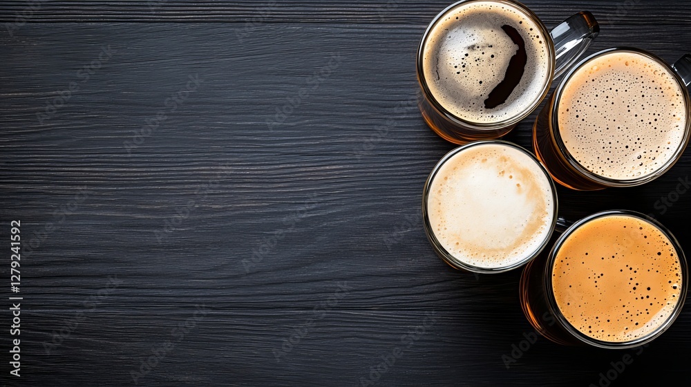 Four mugs of coffee variations sit on a dark wood surface. A variety of coffee drinks are shown. Four mugs of coffee variations sit on a dark wood surface. A variety of coffee drinks are shown.