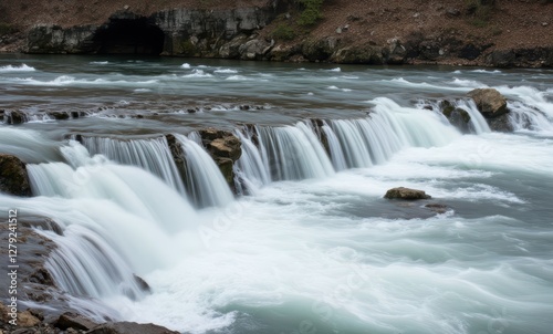 Serene waterfall flowing into a river