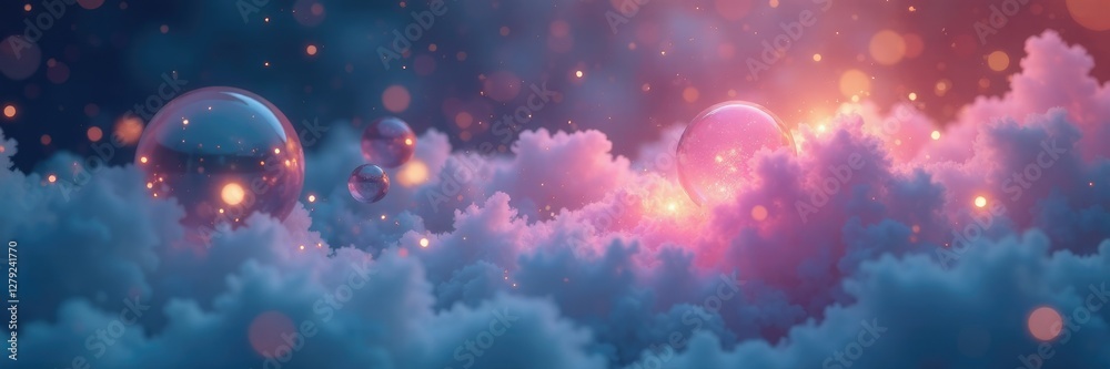 Fototapeta premium Softly glowing orbs float amidst swirling mist, tranquility, serenity