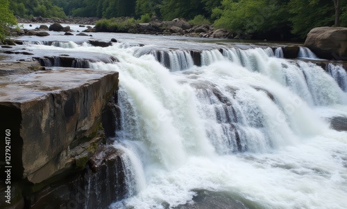 Serene waterfall in lush green setting