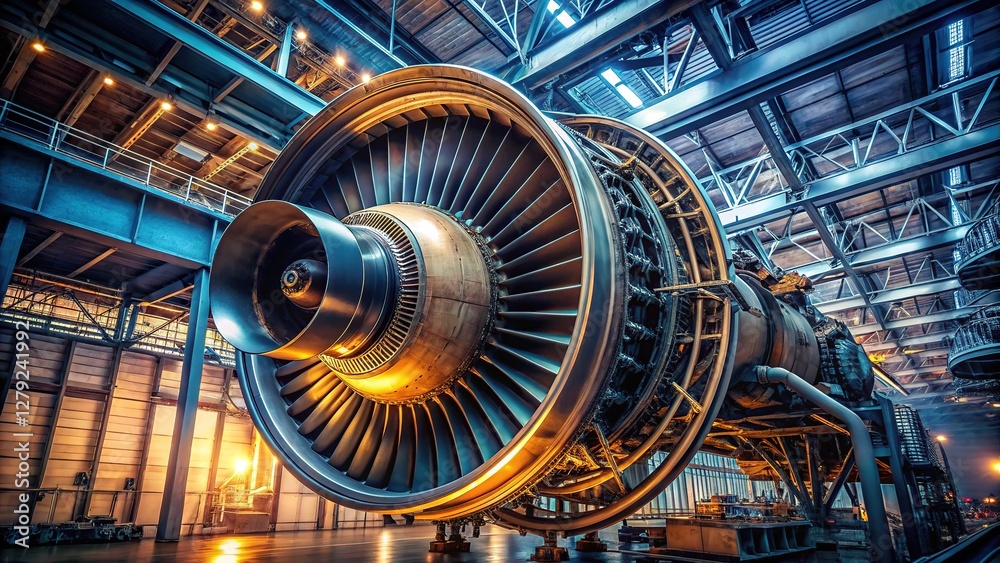 Obraz premium Macro jet engine factory: intricate industrial engineering.