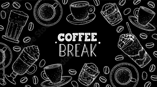 Coffee hand drawn illustration. Coffee sketch, menu design elements. Vector illustration. Cups of coffee