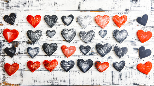 Bright red and charcoal hearts dance across a textured white wooden backdrop, each uniquely crafted with pencil strokes. The playful arrangement evokes warmth and creativity.