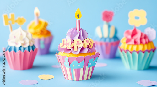 Paper craft of 'Happy Birthday' cupcakes, intricately designed with colorful details. Ideal for creative birthday themes, party decorations, and greeting card designs
