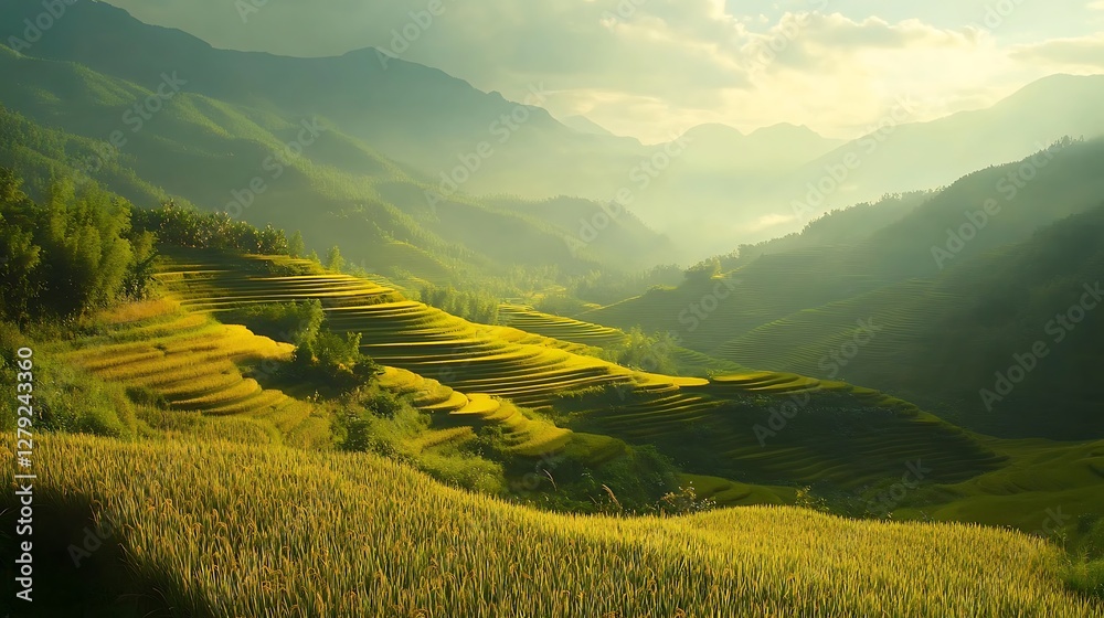Obraz premium Golden Paddy Fields Scenic High Definition Serene Landscape