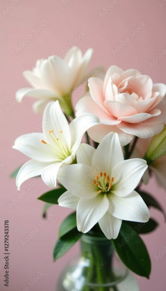 White lilies and pale pink camellias in a floral bouquet, spring, blossoms, camellia White lilies and pale pink camellias in a floral bouquet, spring, blossoms, camellia