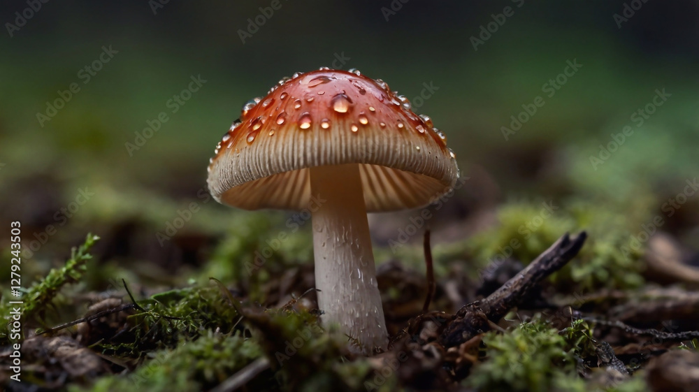 Nearby, in the forest, a small, bright, beautiful mushroom grew, grass, moss, fly agaric, wildlife Nearby, in the forest, a small, bright, beautiful mushroom grew, grass, moss, fly agaric, wildlife