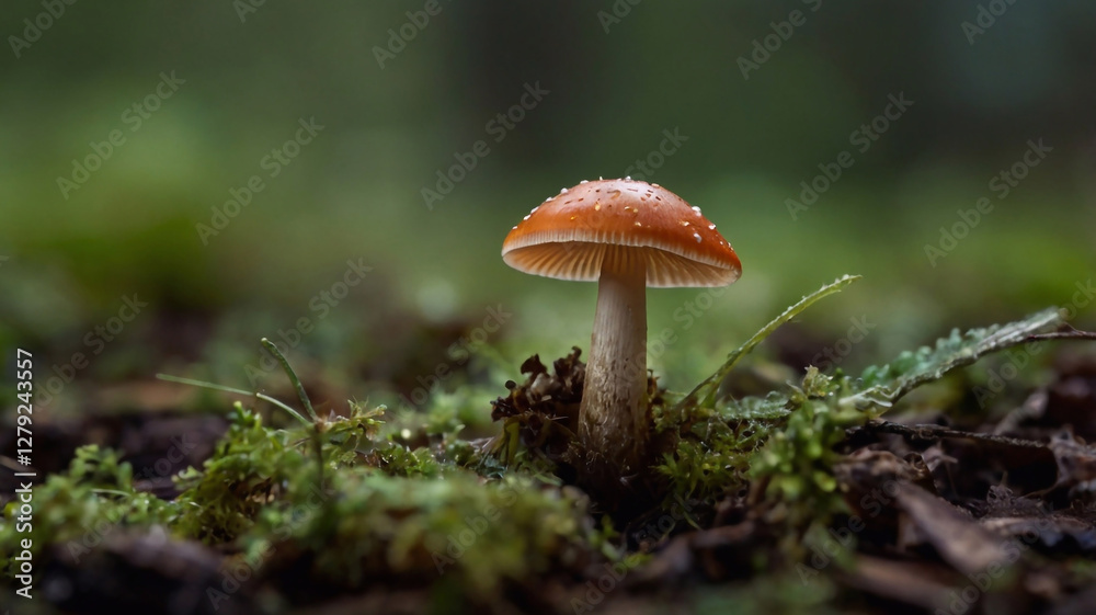 Nearby, in the forest, a small, bright, beautiful mushroom grew, grass, moss, fly agaric, wildlife Nearby, in the forest, a small, bright, beautiful mushroom grew, grass, moss, fly agaric, wildlife