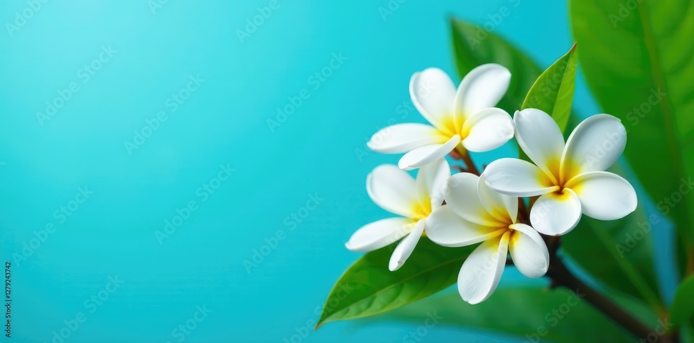 Naklejka premium White plumeria flowers against a bright blue background with lush green leaves, garden flowers, garden scenery