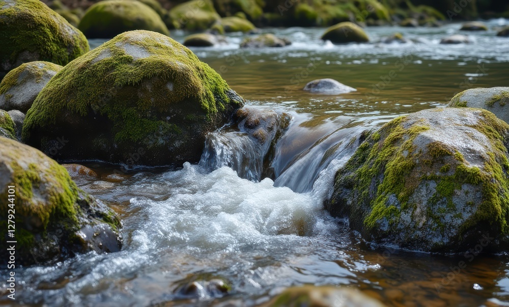 Serene river scene with mossy rocks Serene river scene with mossy rocks