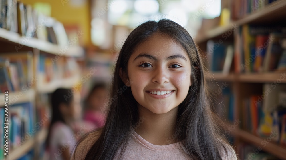Hispanic teen girl smiling in a library surrounded by books Hispanic teen girl smiling in a library surrounded by books