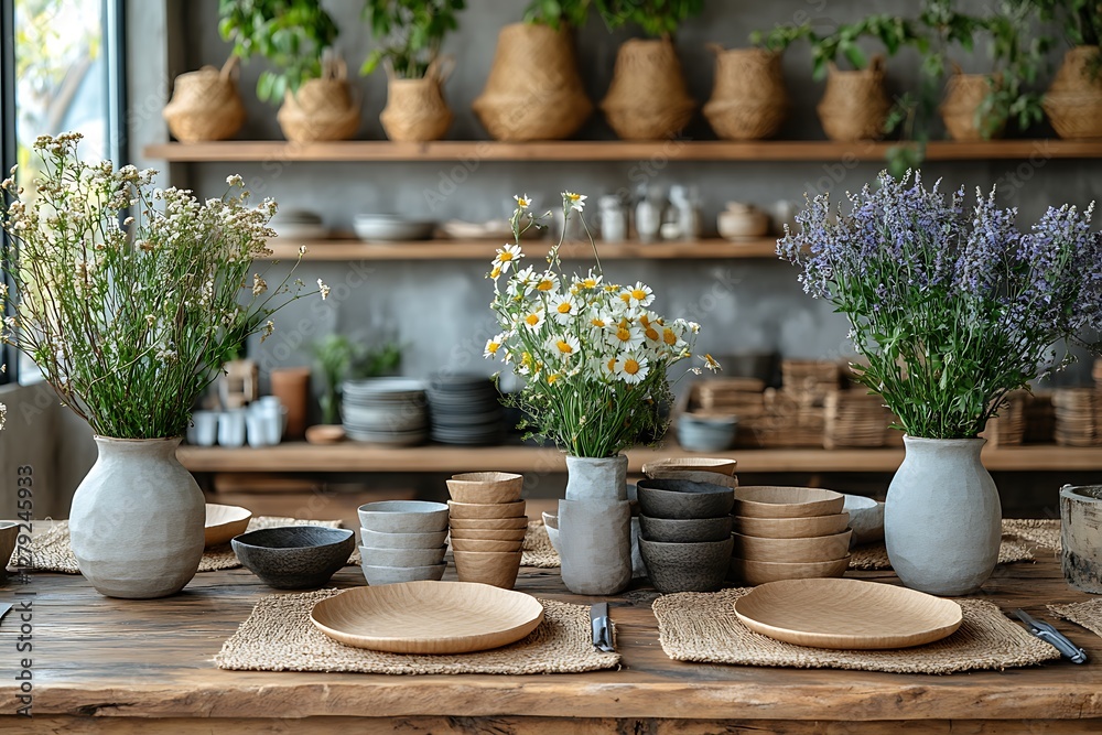 Fototapeta premium Rustic table setting with wildflowers and pottery.