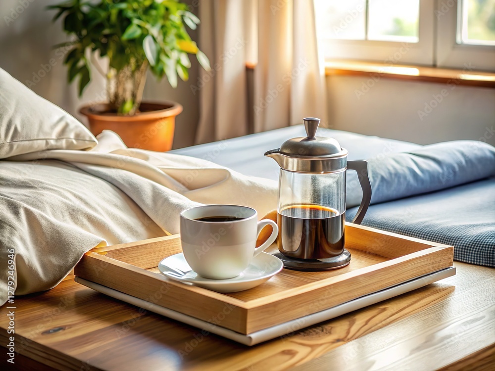 Obraz premium Sunlight streams, coffee brews, quiet contemplation.