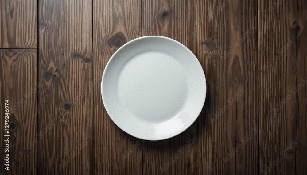 White Empty Plate on Rustic Wooden Table Top for Food Presentation White Empty Plate on Rustic Wooden Table Top for Food Presentation