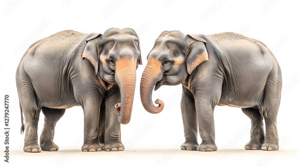 Obraz premium Two Grey Asian Elephants Standing Side By Side Isolated on White Background Wildlife Mammals