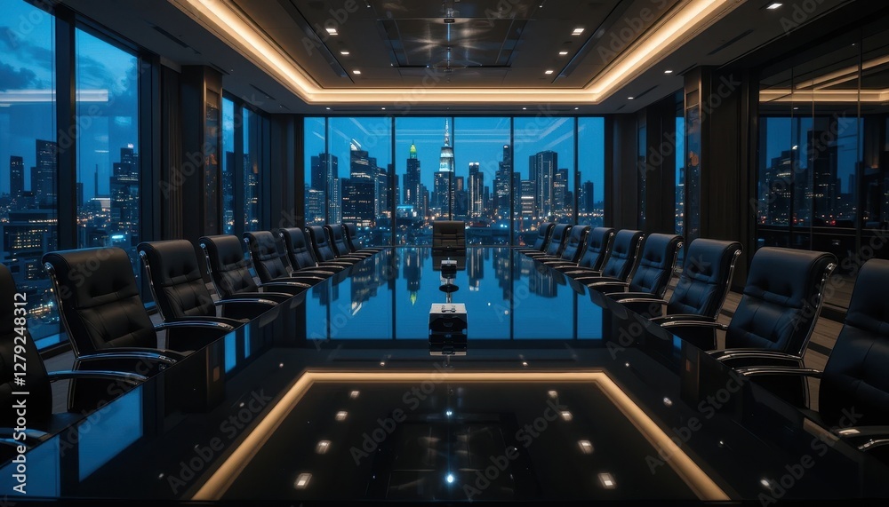 Obraz premium Modern Conference Room with Panoramic City View at Dusk