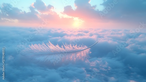 Simple yet elegant feather floating freely in a soft blue expanse