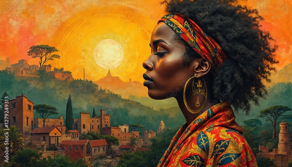Fototapeta premium Profile of beautiful african woman in patterned clothing, headscarf against background of african village landscape. Concept of heritage, tradition, culture, africa day, travel, ethnic diversity,