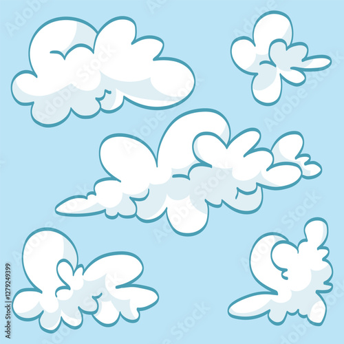 Collection of colored cartoon styled clouds in the sky