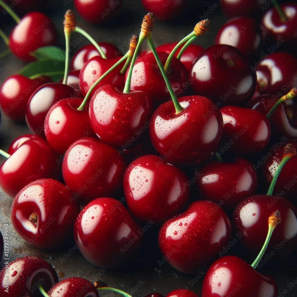 Close-up view of a cluster of ripe red cherries.
Close-up view of a cluster of ripe red cherries.